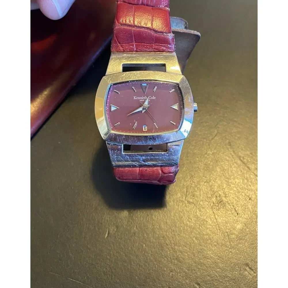 VTG Women's Kenneth Cole New York Watch, Silver Tone with Maroon Band and Face